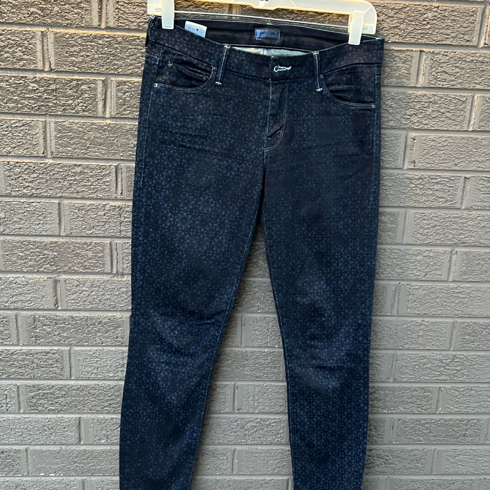 MOTHER Navy Floral Skinny Jeans